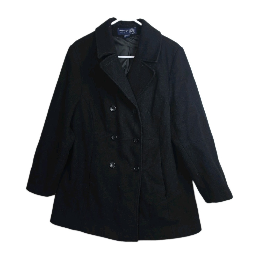 Venezia Jeans Double-Breasted Pea Coat Women's 14/16 Black Button-Up 100% Wool